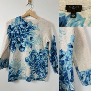 Talbots Pure Cashmere‎ White Blue Floral Plus Size Small Women Light Sweater